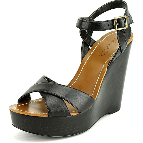 Ralph Lauren Doreen Wedge Sandal Black Leather - Picture 1 of 11